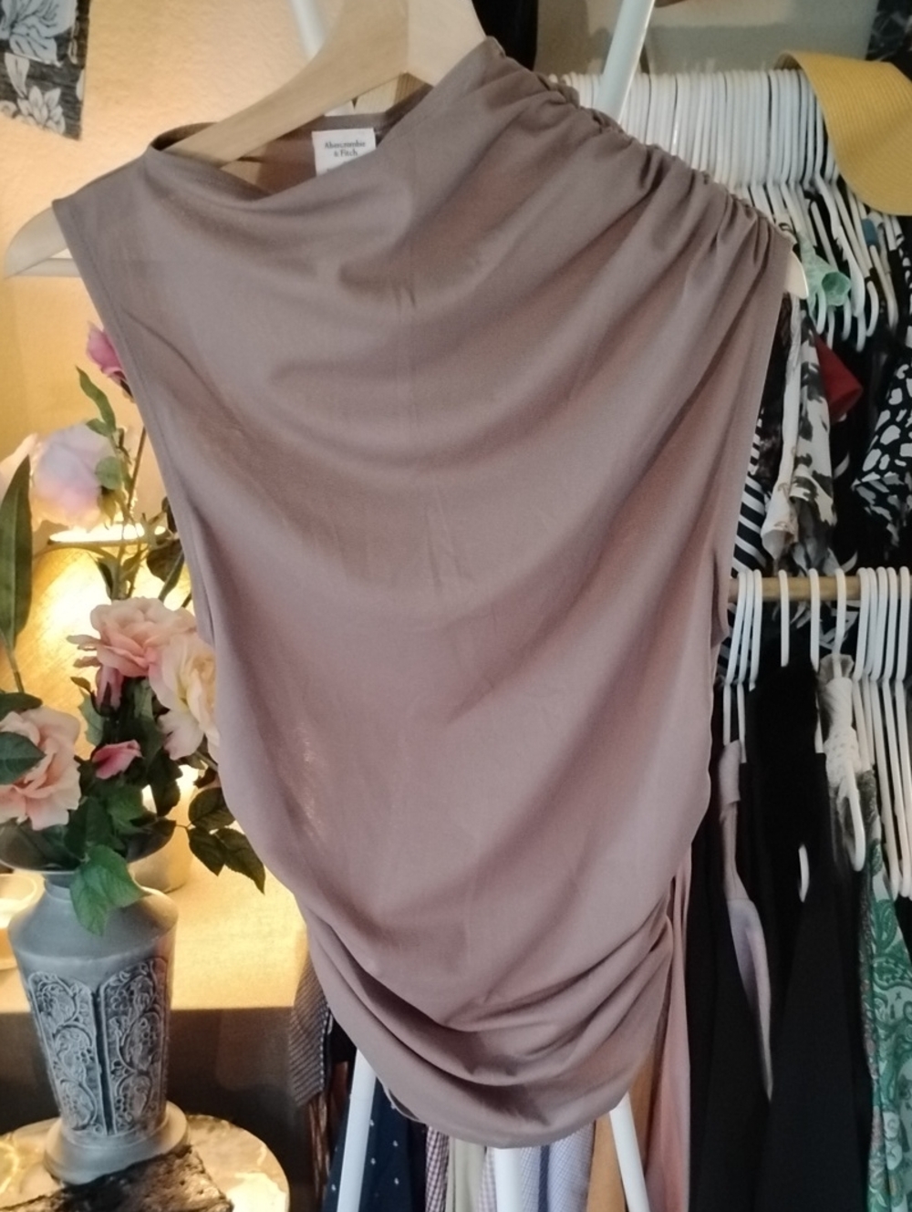 Abercrombie & Fitch Asymmetric Sheer Top Taupe